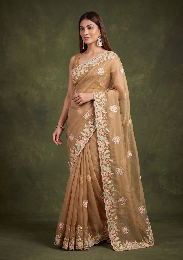Mustard Yellow Satin Gold Zariwork Saree With Matching Blouse Piece