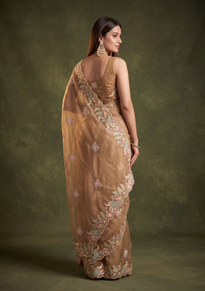 Mustard Yellow Satin Gold Zariwork Saree With Matching Blouse Piece