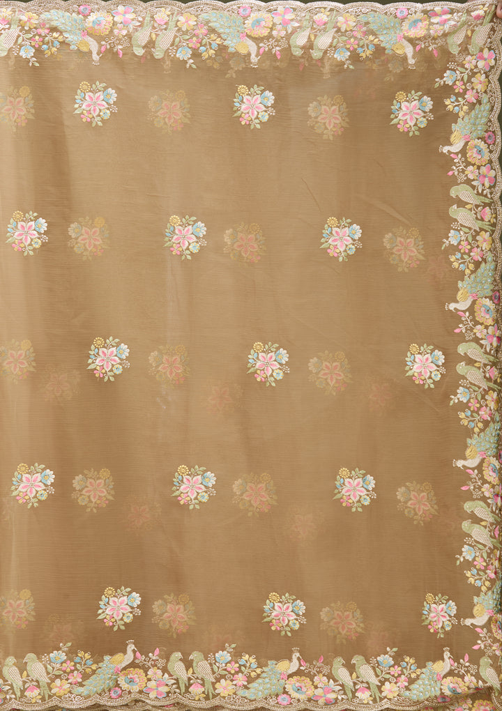 Mustard Yellow Satin Gold Zariwork Saree With Matching Blouse Piece