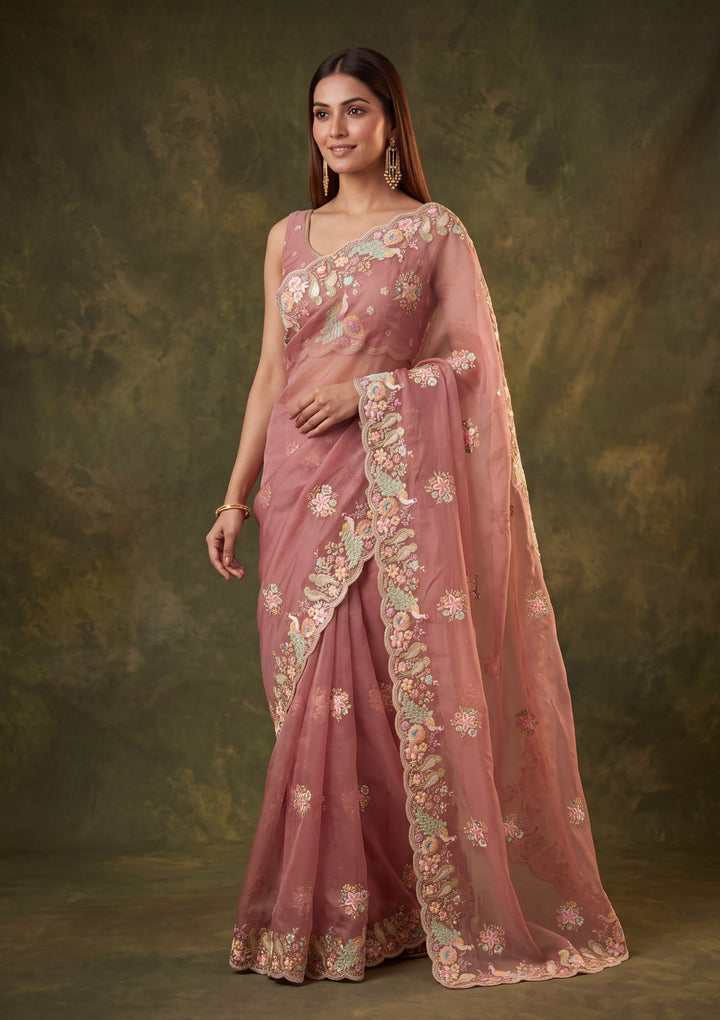 Rust Satin Gold Zariwork Saree With Matching Blouse Piece