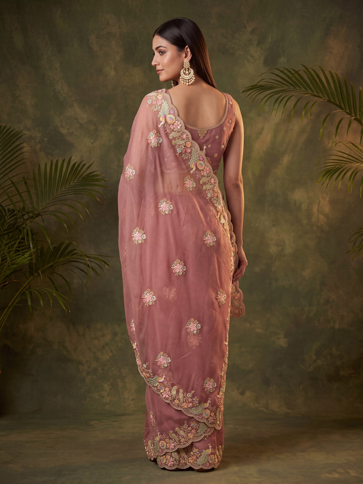 Rust Satin Gold Zariwork Saree With Matching Blouse Piece