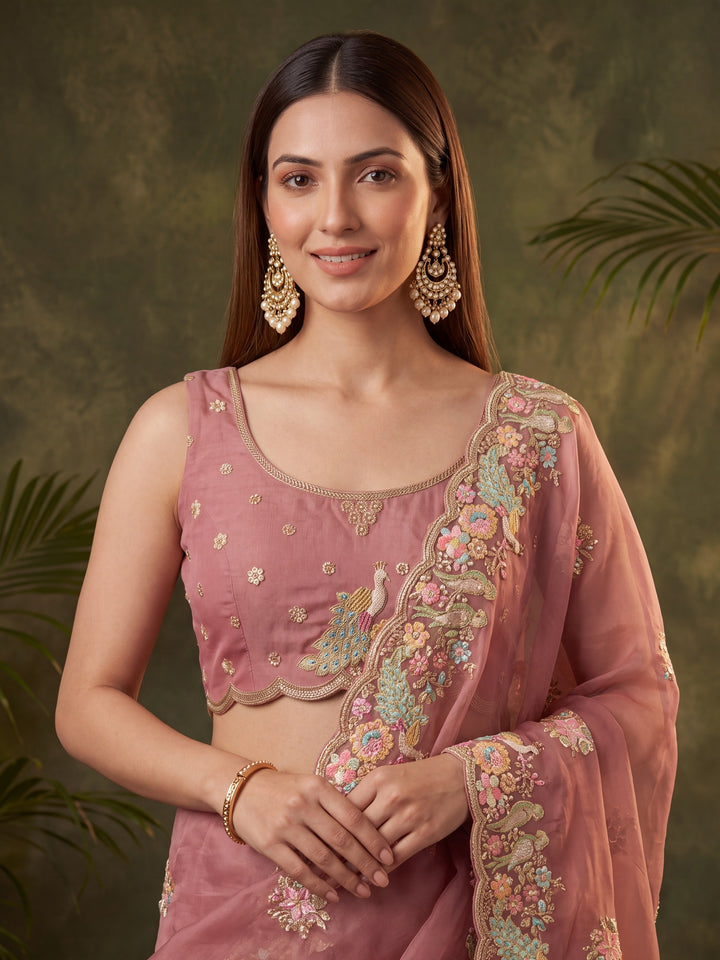 Rust Satin Gold Zariwork Saree With Matching Blouse Piece