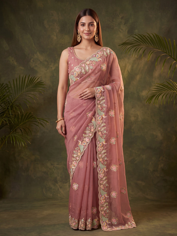 Rust Satin Gold Zariwork Saree With Matching Blouse Piece