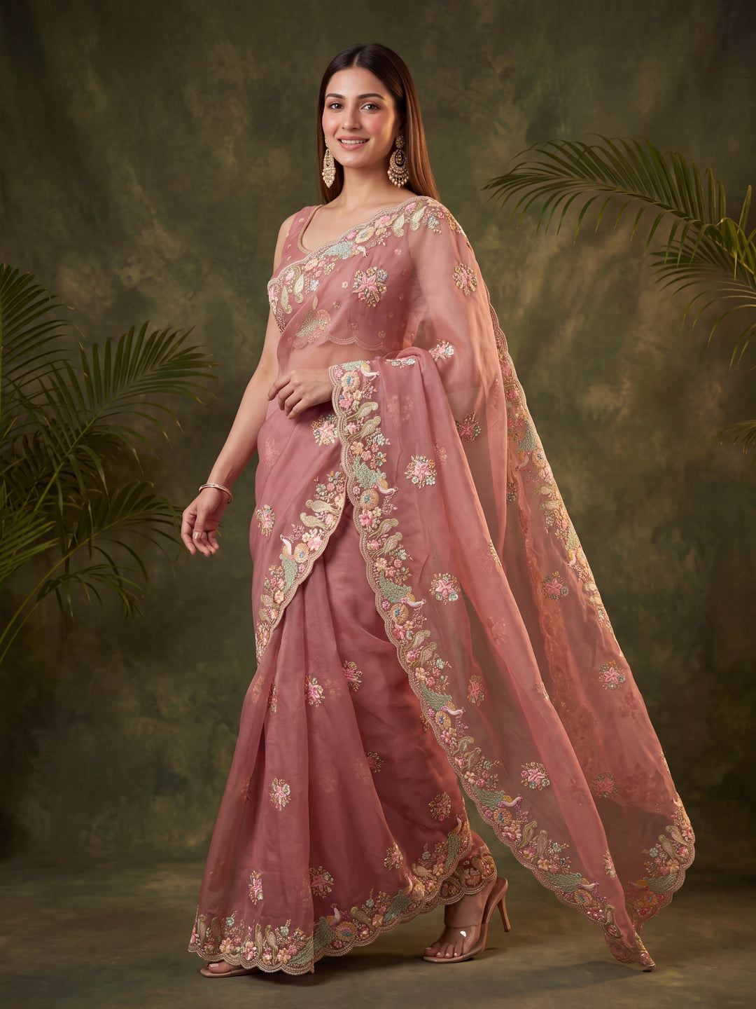 Rust Satin Gold Zariwork Saree With Matching Blouse Piece