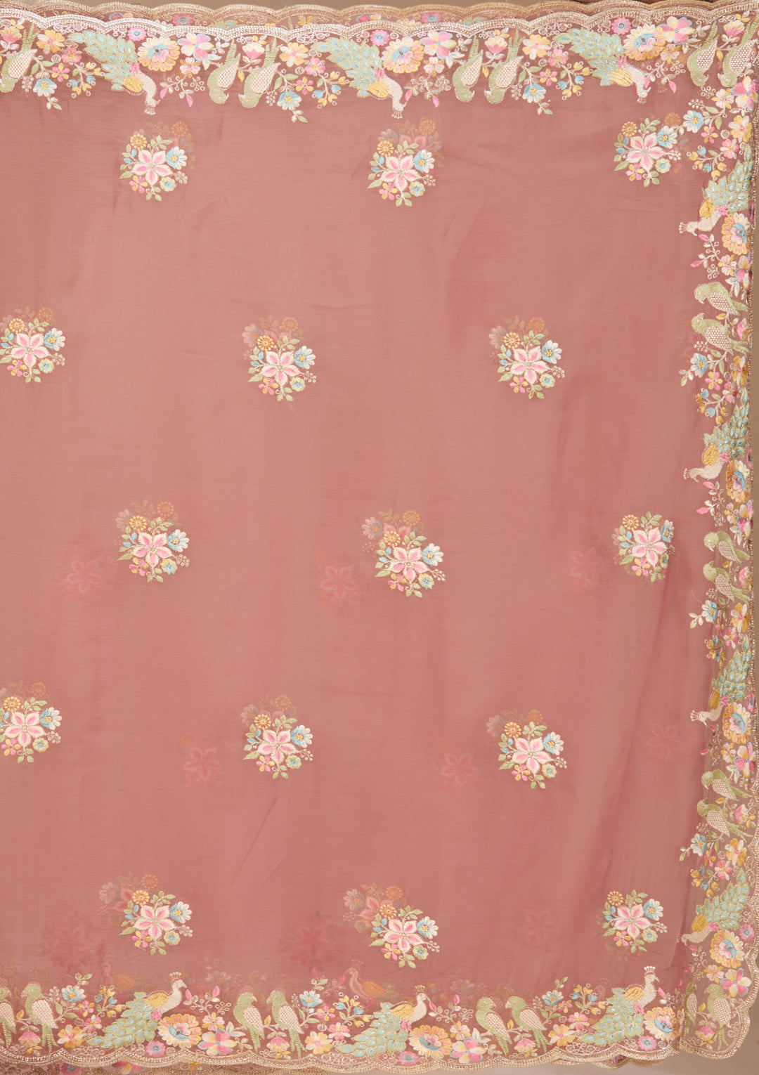 Rust Satin Gold Zariwork Saree With Matching Blouse Piece