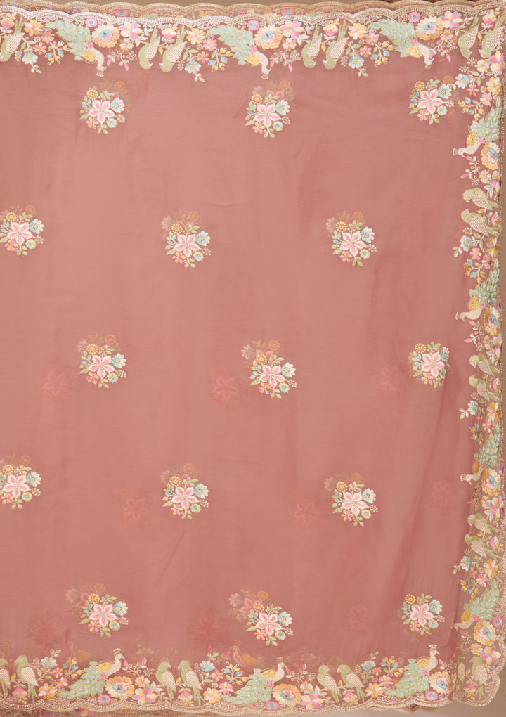 Rust Satin Gold Zariwork Saree With Matching Blouse Piece