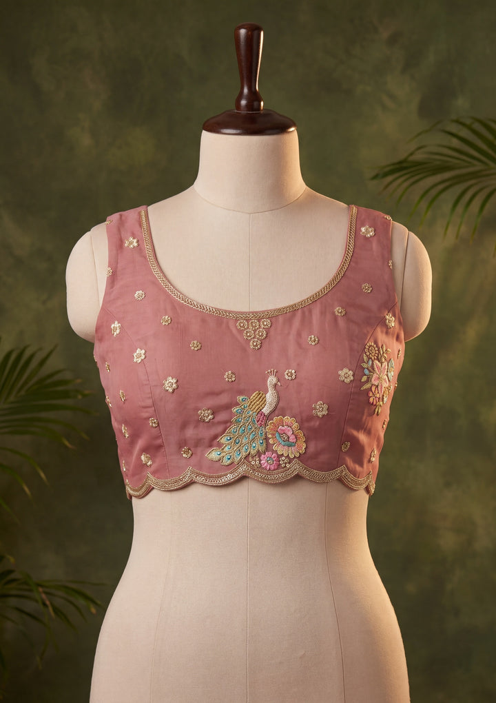 Rust Satin Gold Zariwork Saree With Matching Blouse Piece