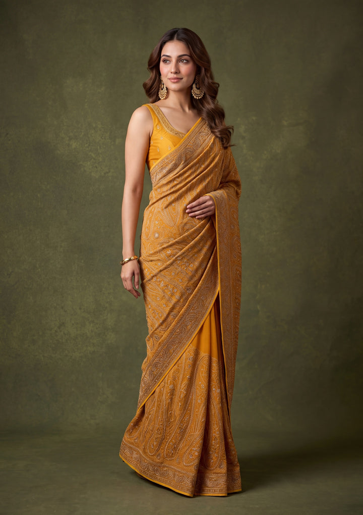 Mustard Yellow Georgette Kashmiri Saree With Matching Blouse Piece