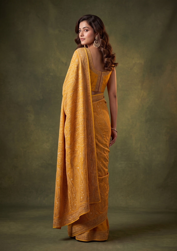 Mustard Yellow Georgette Kashmiri Saree With Matching Blouse Piece