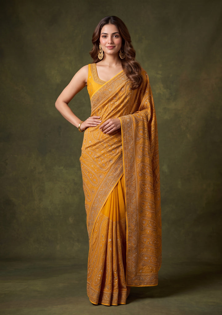 Mustard Yellow Georgette Kashmiri Saree With Matching Blouse Piece