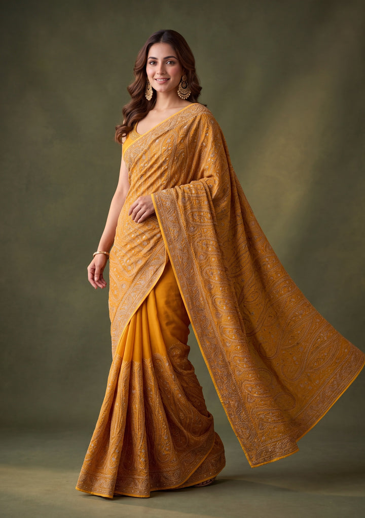 Mustard Yellow Georgette Kashmiri Saree With Matching Blouse Piece