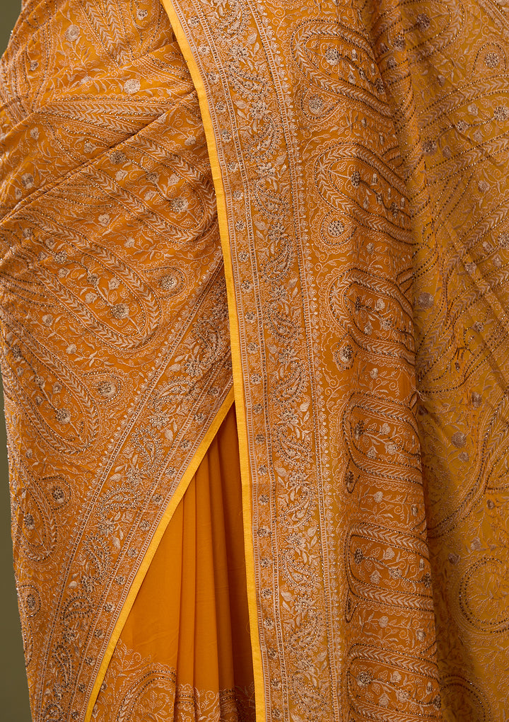 Mustard Yellow Georgette Kashmiri Saree With Matching Blouse Piece