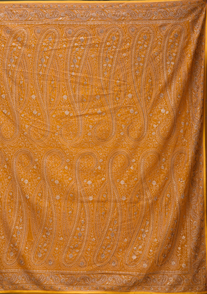 Mustard Yellow Georgette Kashmiri Saree With Matching Blouse Piece