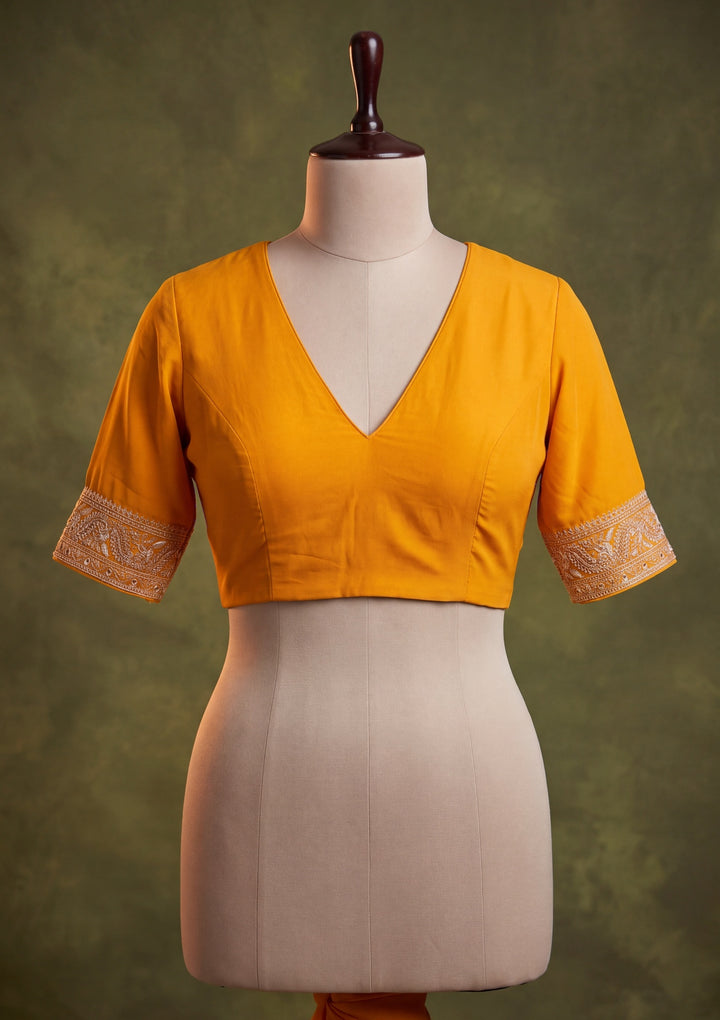 Mustard Yellow Georgette Kashmiri Saree With Matching Blouse Piece