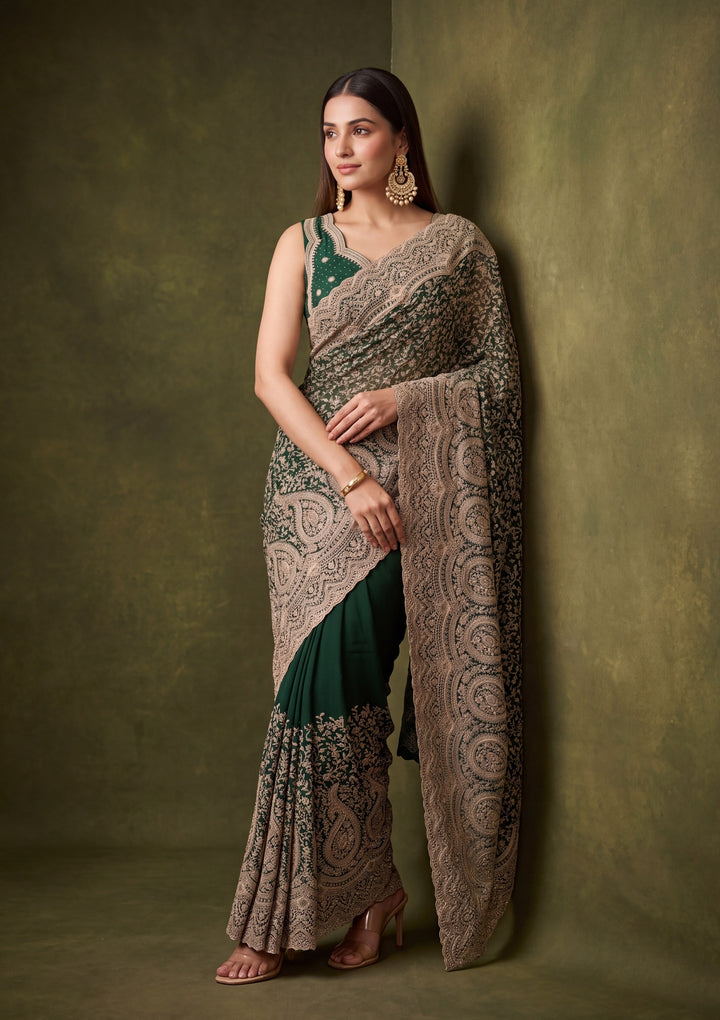 Bottle Green Georgette Kashmiri Saree With Matching Blouse Piece