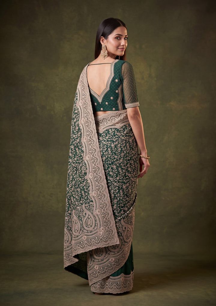 Bottle Green Georgette Kashmiri Saree With Matching Blouse Piece
