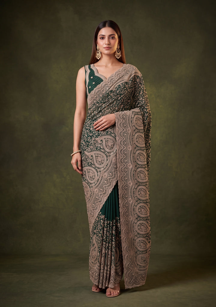 Bottle Green Georgette Kashmiri Saree With Matching Blouse Piece