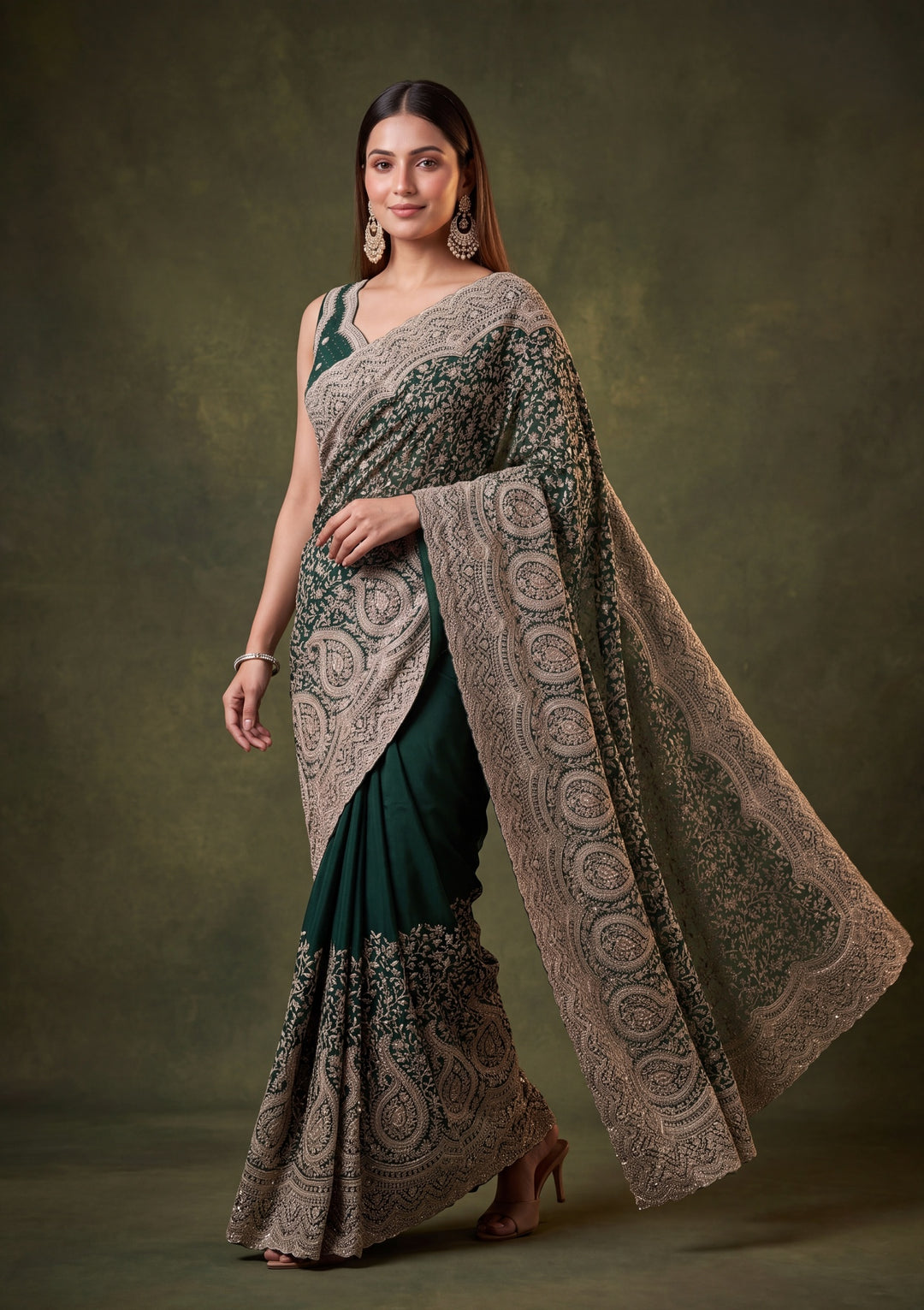 Bottle Green Georgette Kashmiri Saree With Matching Blouse Piece