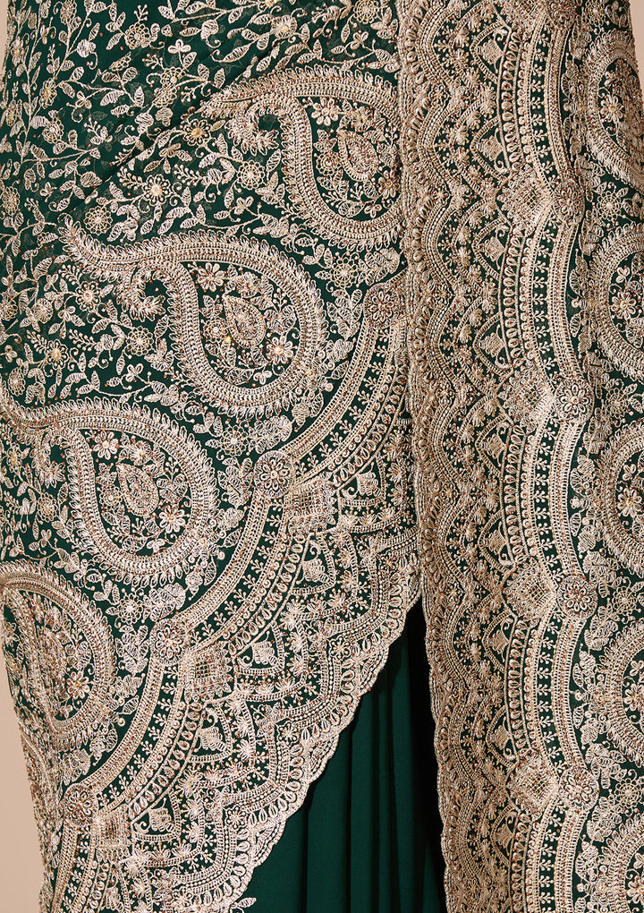 Bottle Green Georgette Kashmiri Saree With Matching Blouse Piece