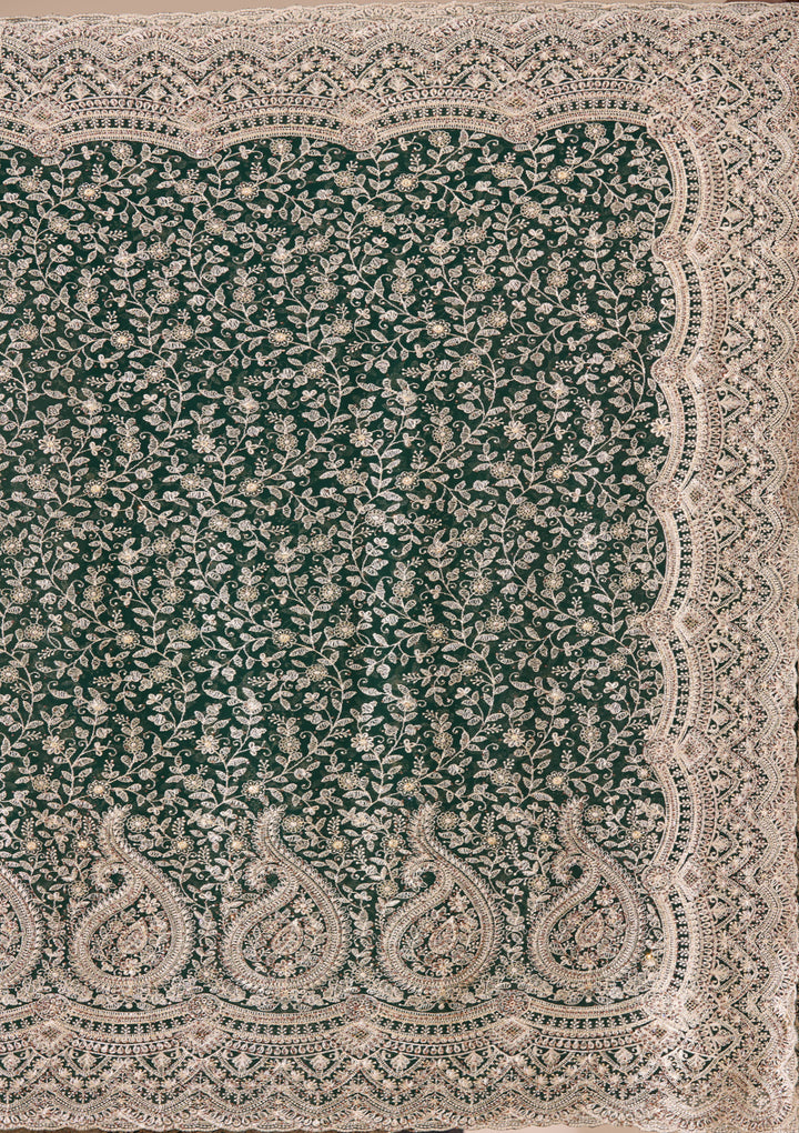 Bottle Green Georgette Kashmiri Saree With Matching Blouse Piece