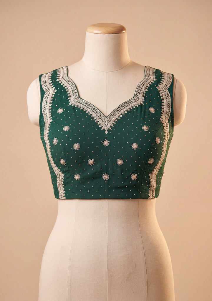 Bottle Green Georgette Kashmiri Saree With Matching Blouse Piece