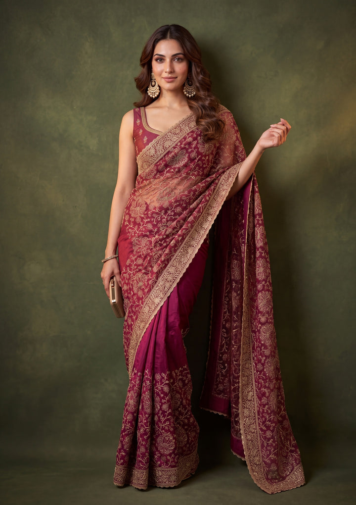 Maroon Georgette Kashmiri Saree With Matching Blouse Piece