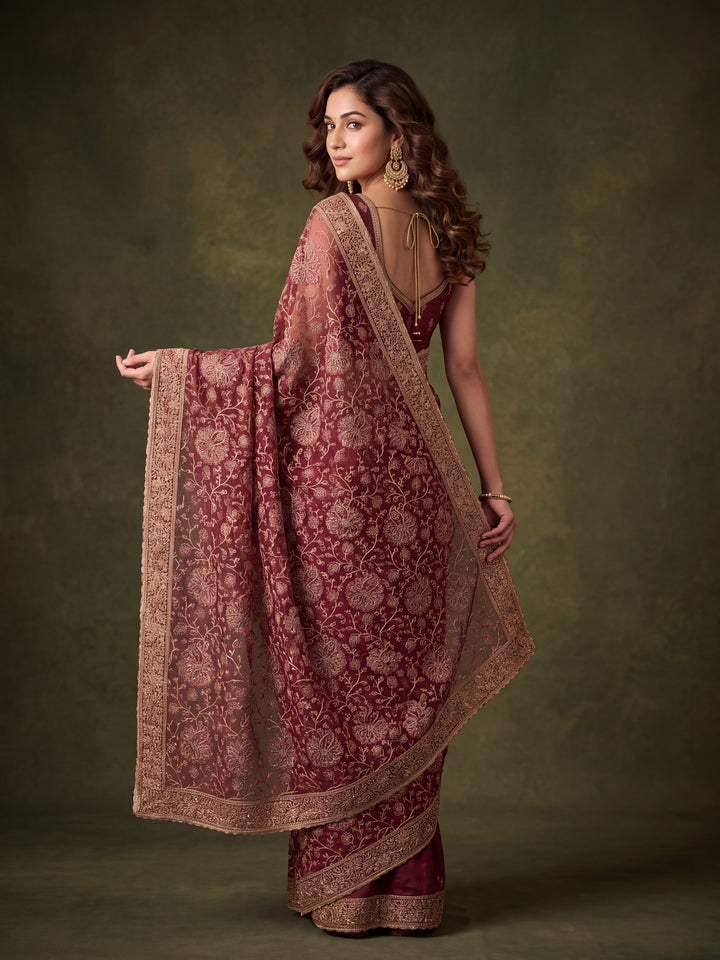Maroon Georgette Kashmiri Saree With Matching Blouse Piece
