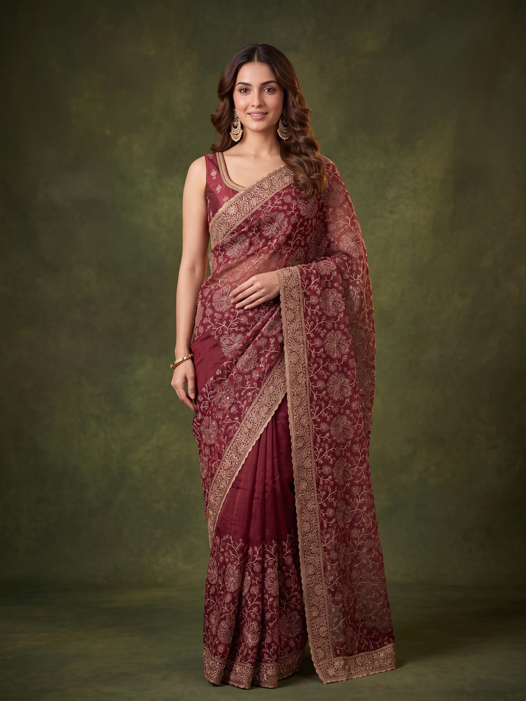 Maroon Georgette Kashmiri Saree With Matching Blouse Piece