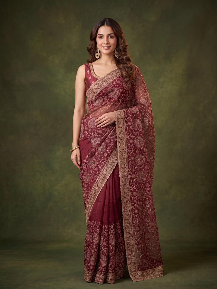 Maroon Georgette Kashmiri Saree With Matching Blouse Piece
