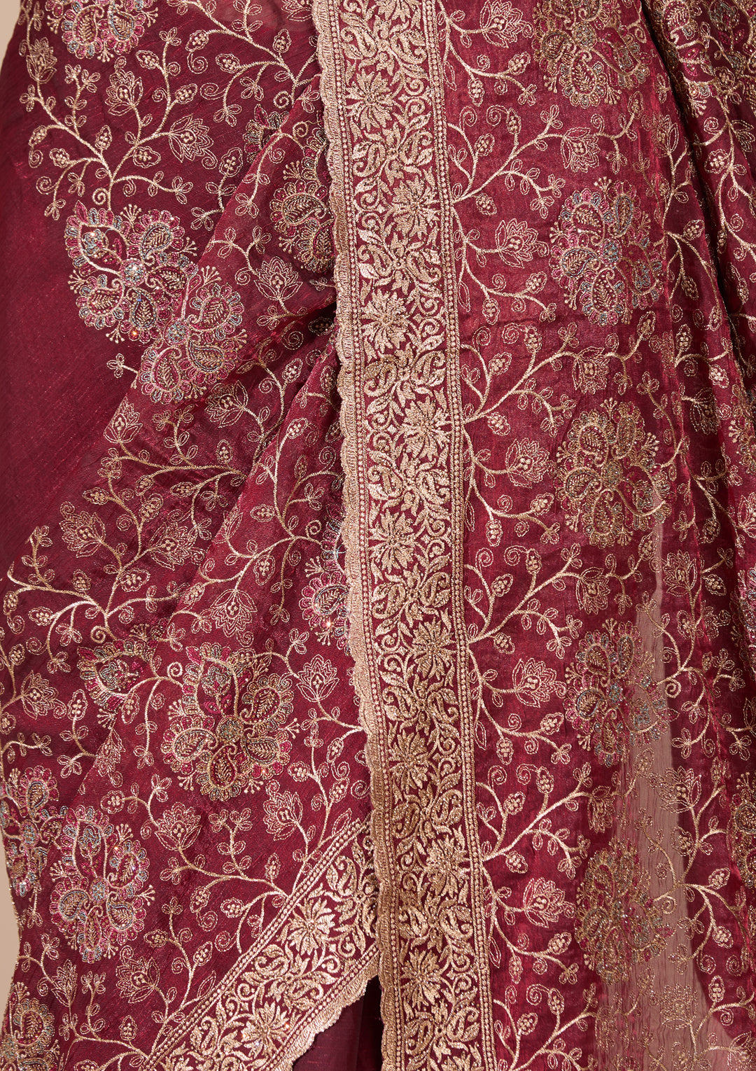 Maroon Georgette Kashmiri Saree With Matching Blouse Piece