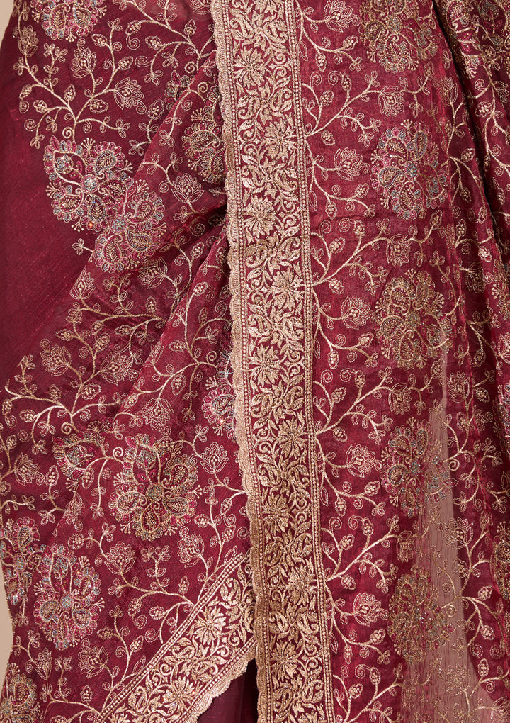 Maroon Georgette Kashmiri Saree With Matching Blouse Piece