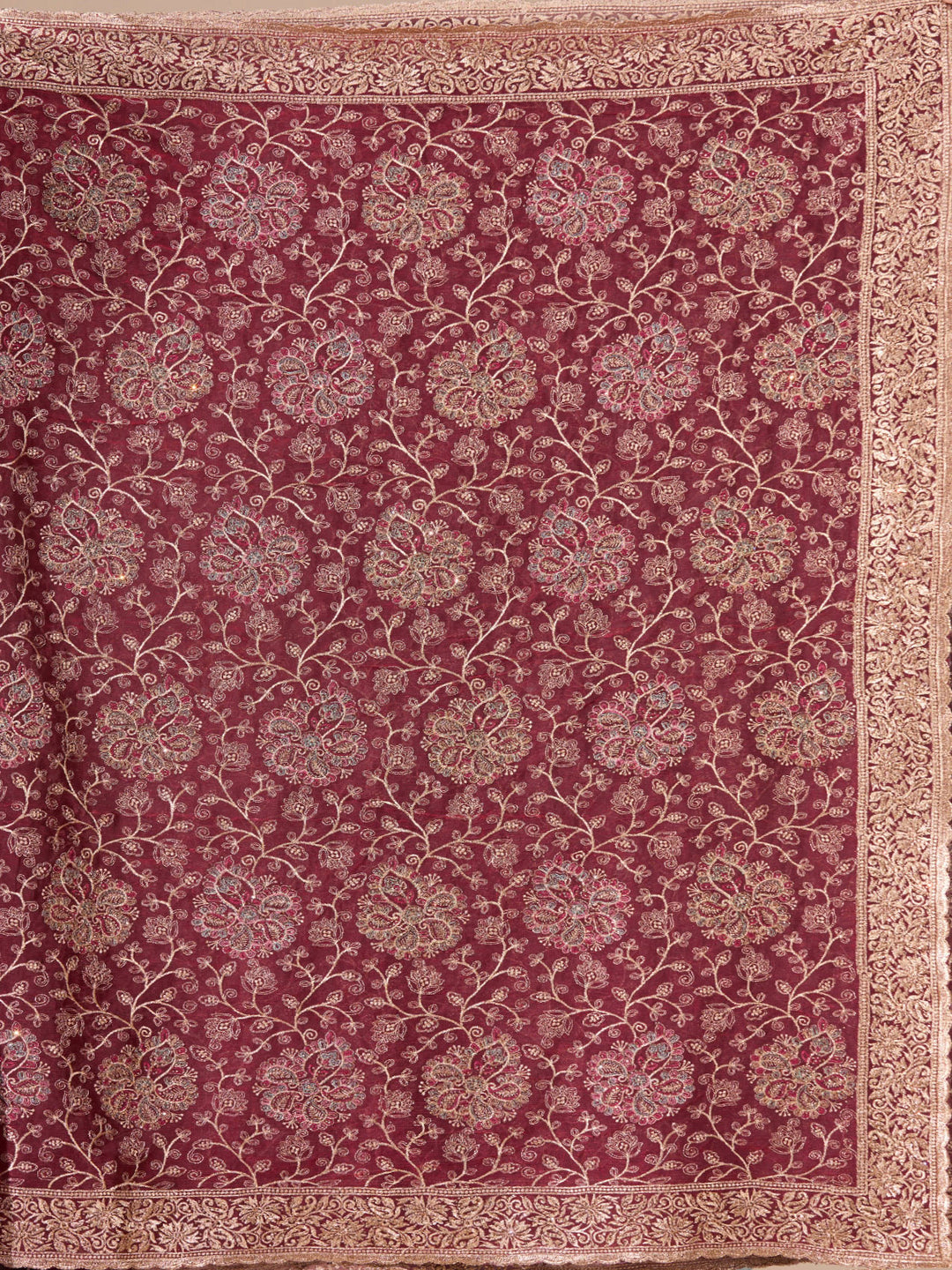 Maroon Georgette Kashmiri Saree With Matching Blouse Piece