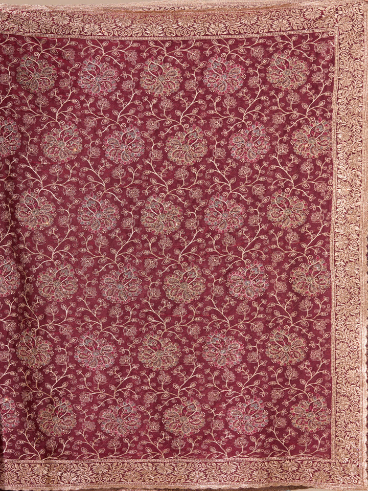 Maroon Georgette Kashmiri Saree With Matching Blouse Piece