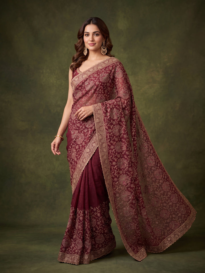 Maroon Georgette Kashmiri Saree With Matching Blouse Piece