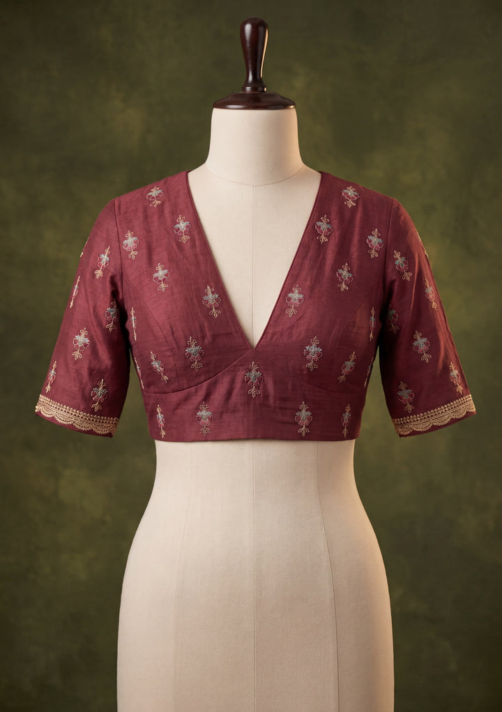 Maroon Georgette Kashmiri Saree With Matching Blouse Piece