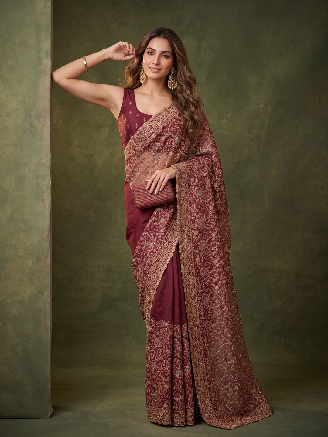 Maroon Georgette Kashmiri Saree With Matching Blouse Piece