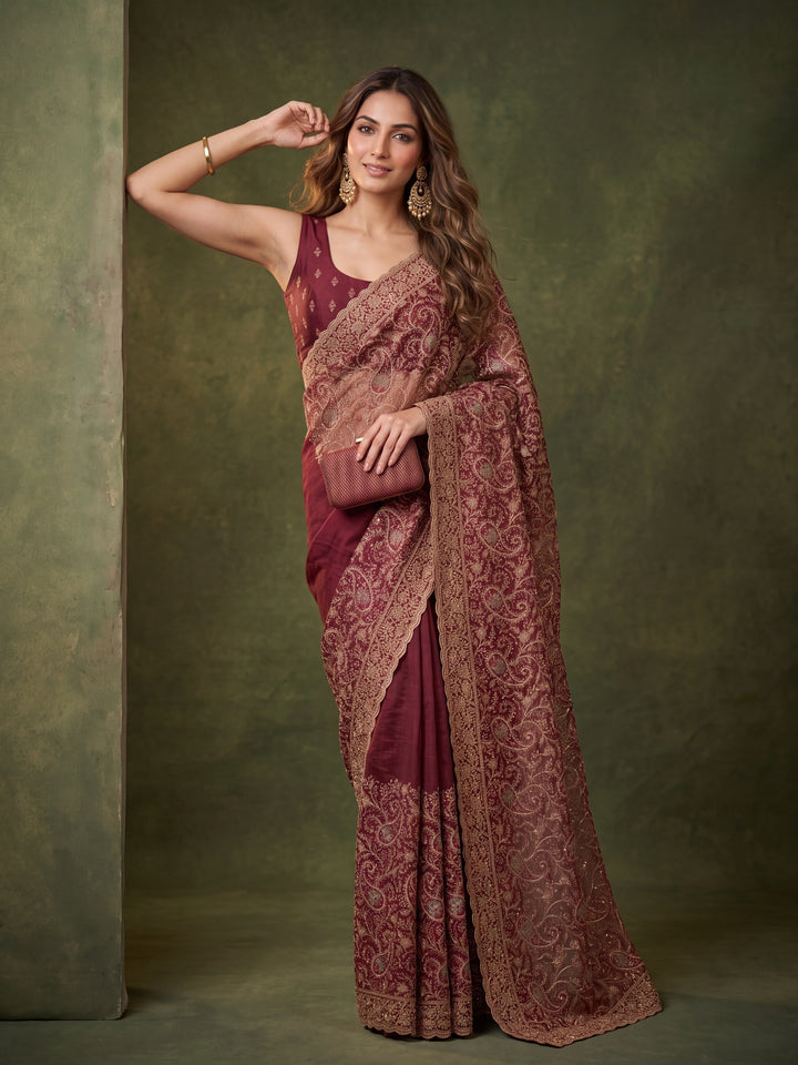 Maroon Georgette Kashmiri Saree With Matching Blouse Piece