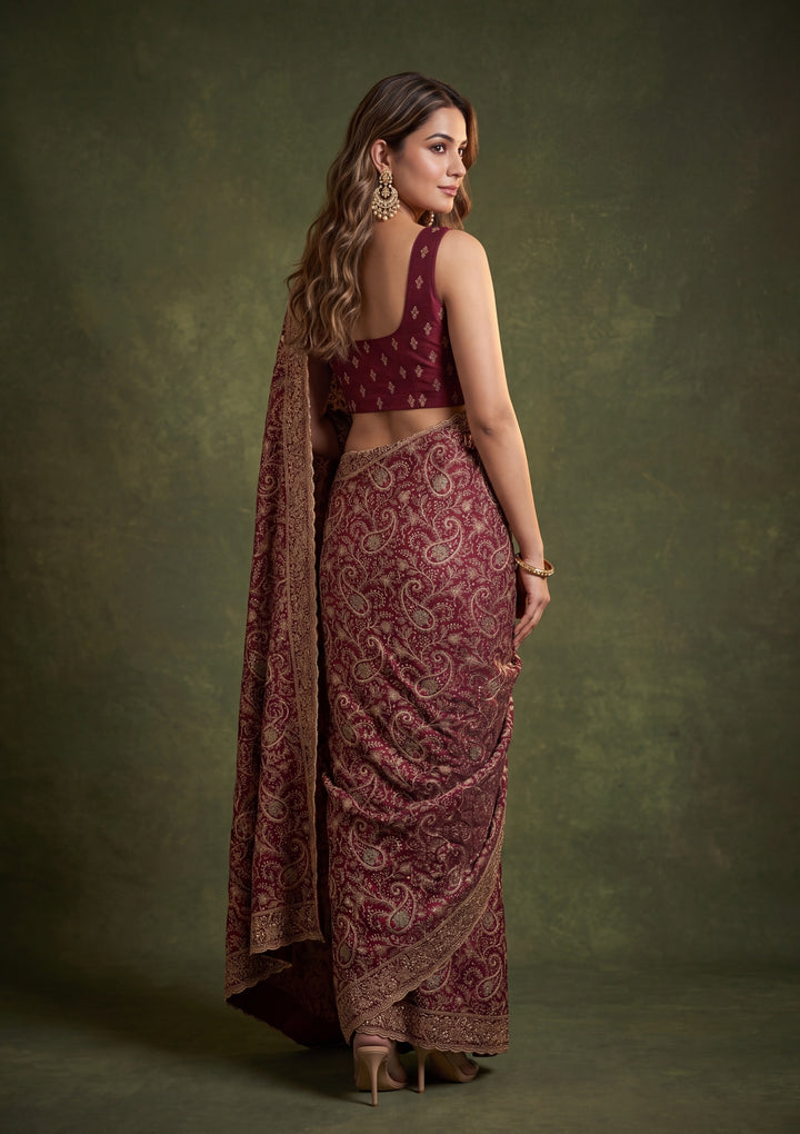 Maroon Georgette Kashmiri Saree With Matching Blouse Piece