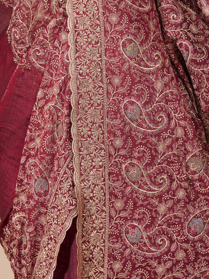 Maroon Georgette Kashmiri Saree With Matching Blouse Piece