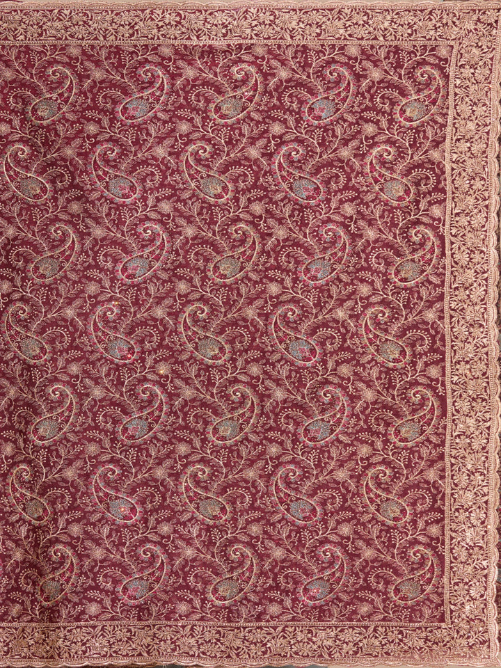 Maroon Georgette Kashmiri Saree With Matching Blouse Piece