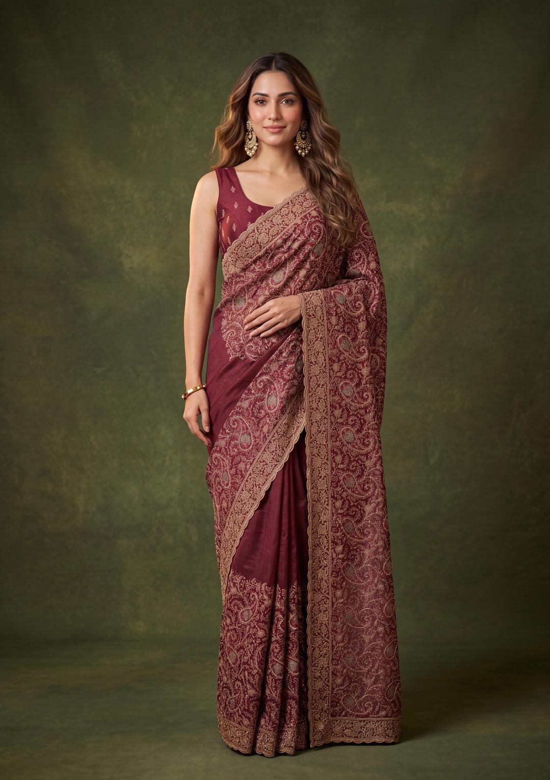 Maroon Georgette Kashmiri Saree With Matching Blouse Piece