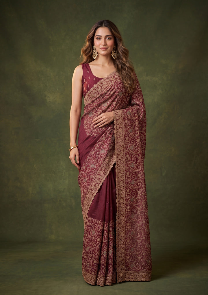 Maroon Georgette Kashmiri Saree With Matching Blouse Piece