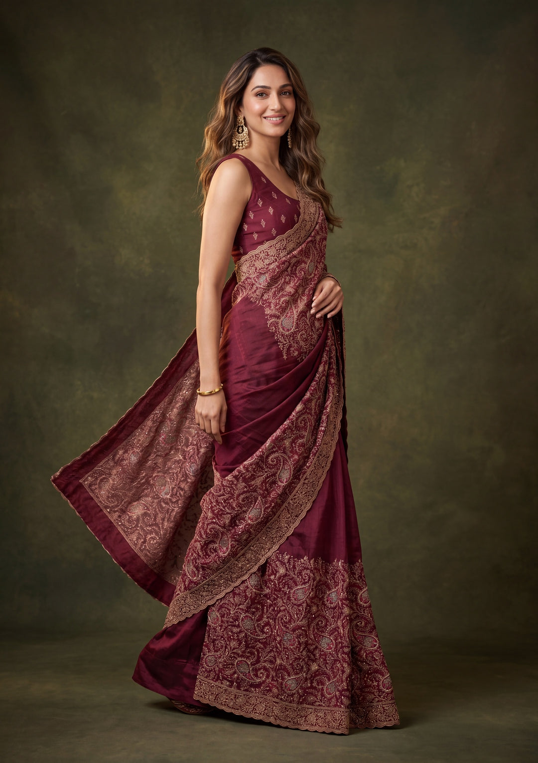 Maroon Georgette Kashmiri Saree With Matching Blouse Piece