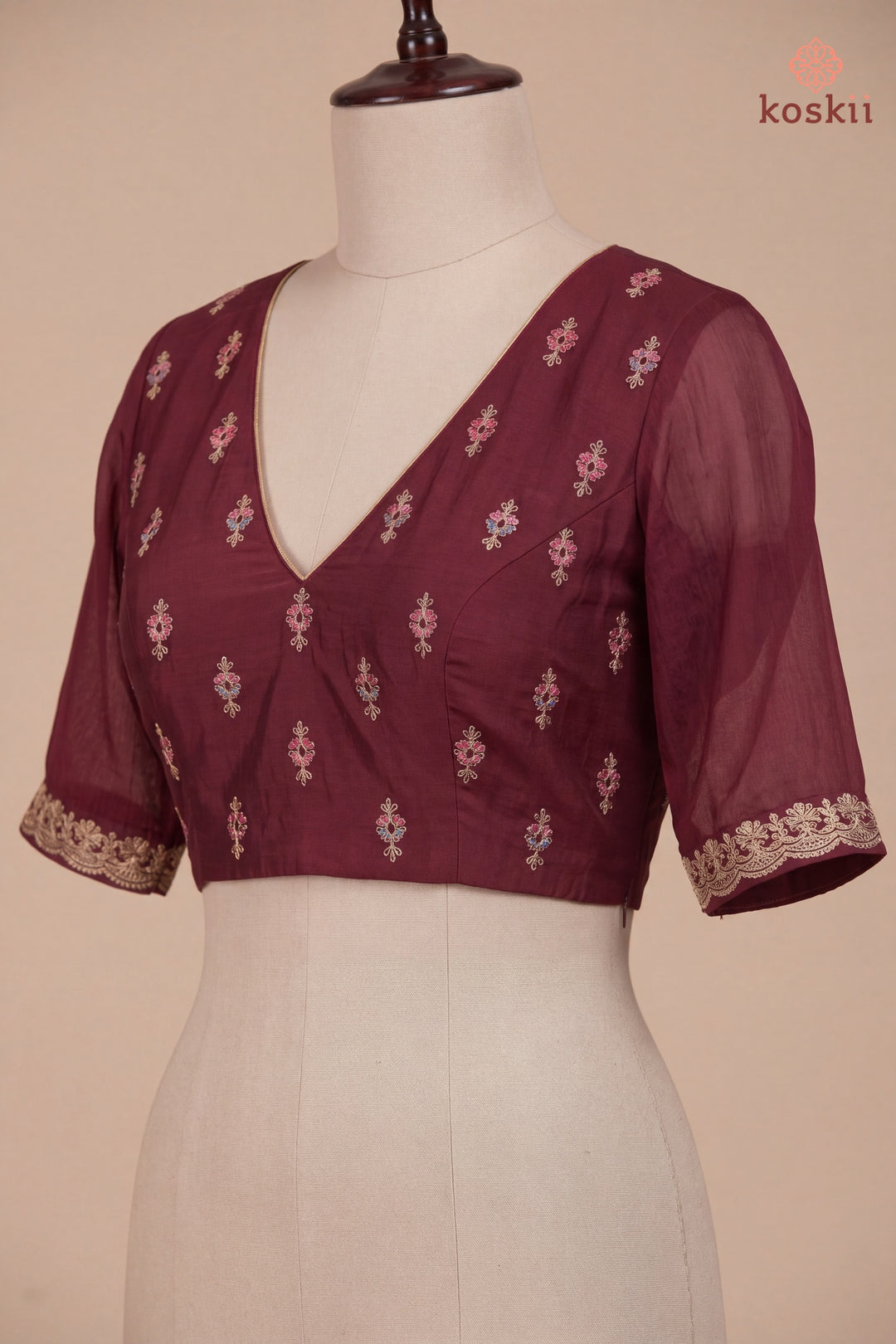 Maroon Georgette Kashmiri Saree With Matching Blouse Piece