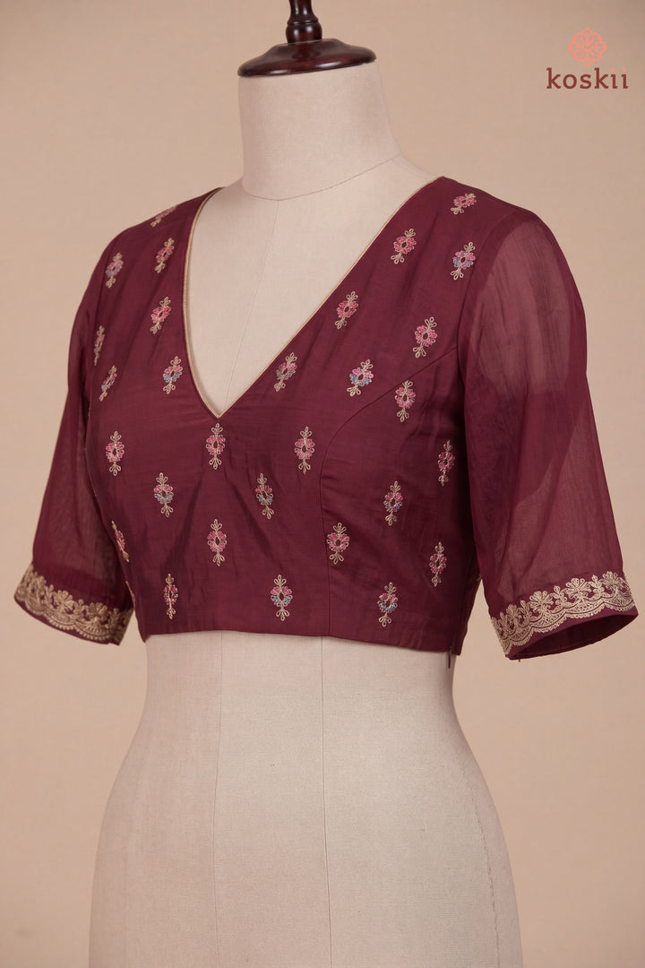 Maroon Georgette Kashmiri Saree With Matching Blouse Piece