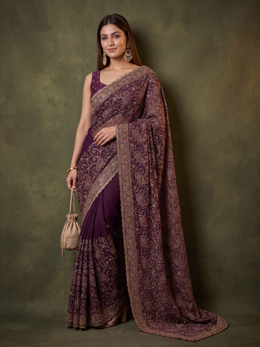 Purple Georgette Kashmiri Saree With Matching Blouse Piece
