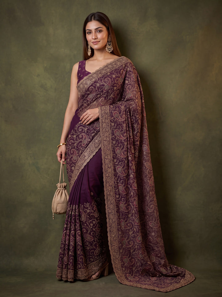 Purple Georgette Kashmiri Saree With Matching Blouse Piece
