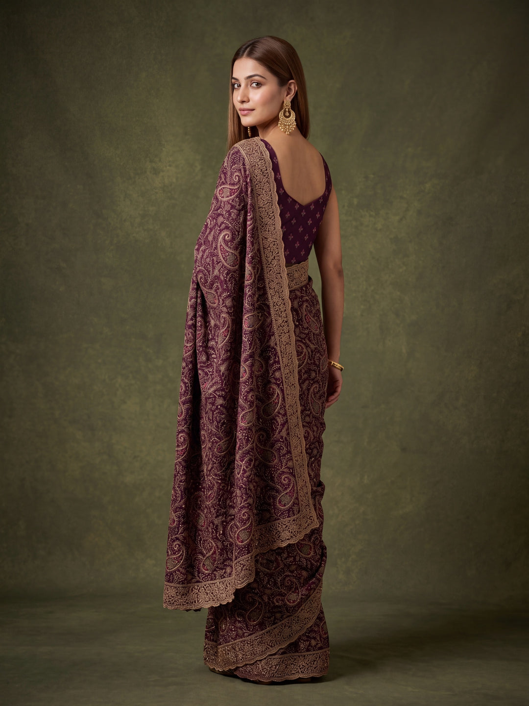 Purple Georgette Kashmiri Saree With Matching Blouse Piece