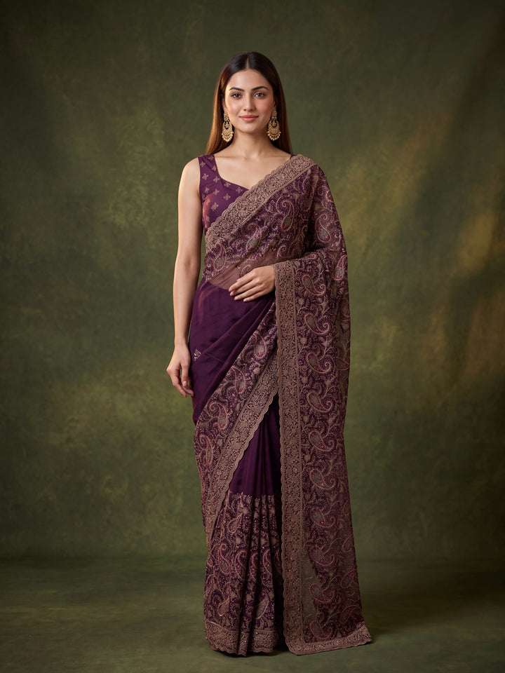 Purple Georgette Kashmiri Saree With Matching Blouse Piece