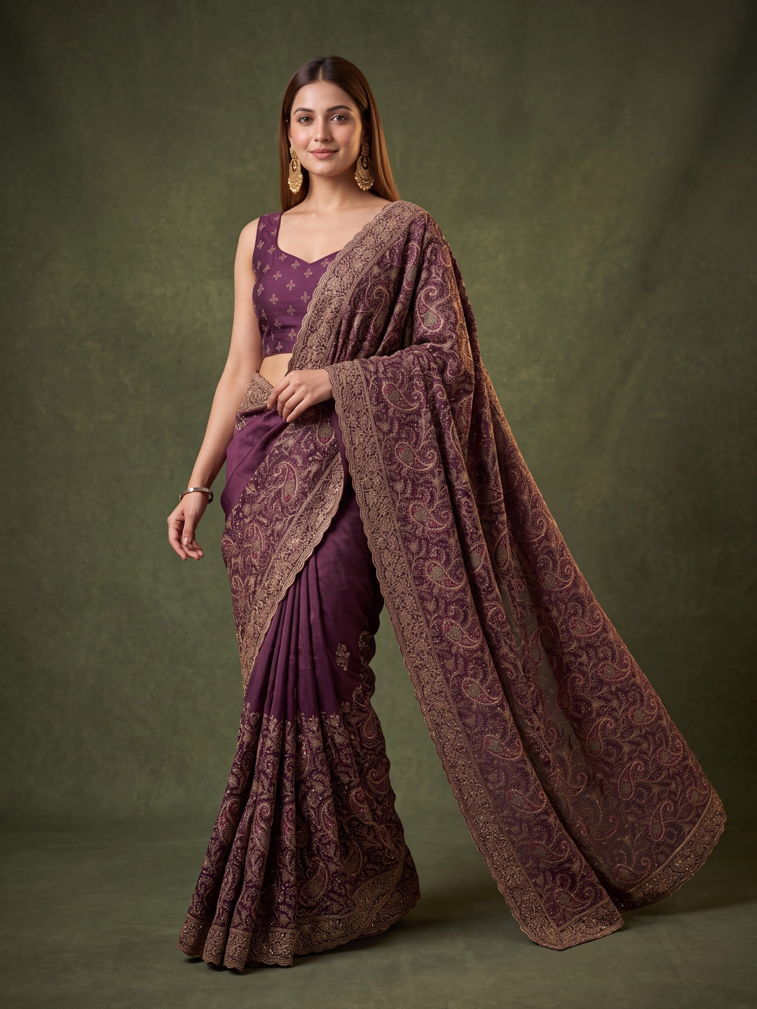 Purple Georgette Kashmiri Saree With Matching Blouse Piece